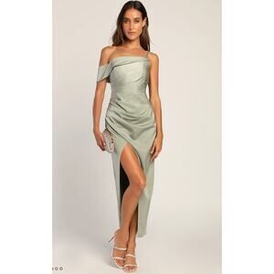 Lulus Showing Off a Little Sage Green Asymmetrical Tulip Midi Dress Wedding Sz L